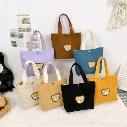 Süße Bärenstickerei Damen Cord Handtasche Kleine Tragetasche Mit Magnetverschluss Lässige Tragbare Studenten Lunch Handtasche
