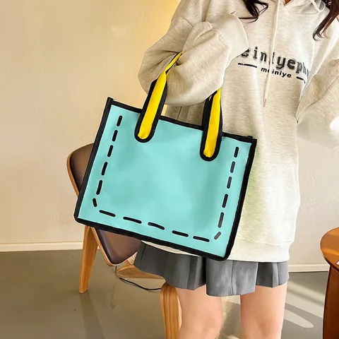 2D Comic Style Canvas Tote Bag Manga Graphic Handheld Shopping Bag Contrast Color Large Capacity Shoulder Bag Fashion Daily Handbag