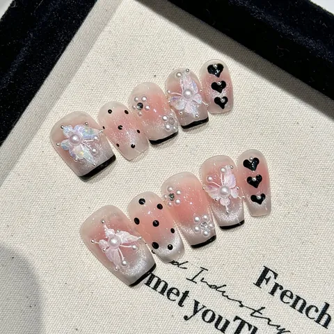 Handgefertigte Französische Press On Nails Mit 3D Schmetterling Perlen Gepunktet Süß Rosa Farbverlauf Lange Trapez Falsche Nägel