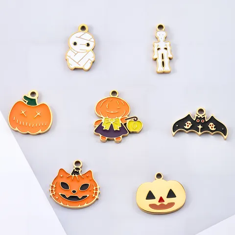 Edelstahl Halloween Emaille Anhänger Kürbis Fledermaus Skelett Mumie Geist Vergoldet DIY Schmuckherstellung Zubehör