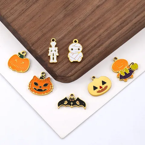 Edelstahl Halloween Emaille Anhänger Kürbis Fledermaus Skelett Mumie Geist Vergoldet DIY Schmuckherstellung Zubehör