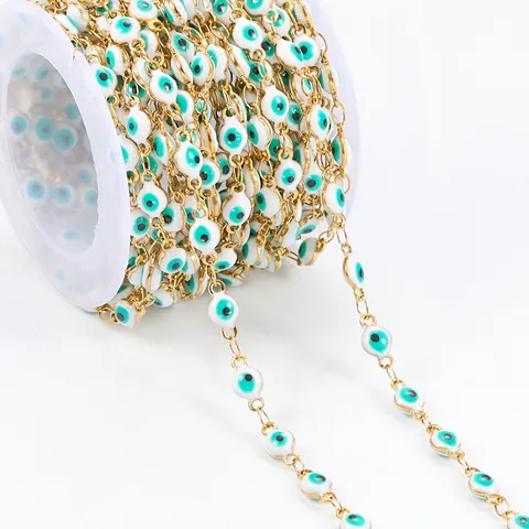 Stainless Steel Evil Eye Chain For DIY Jewelry Making Gold Plated Metal Loose Chain With White Base Green Eye Beads For Bracelet Bag Decor Ethnic Style Accessories