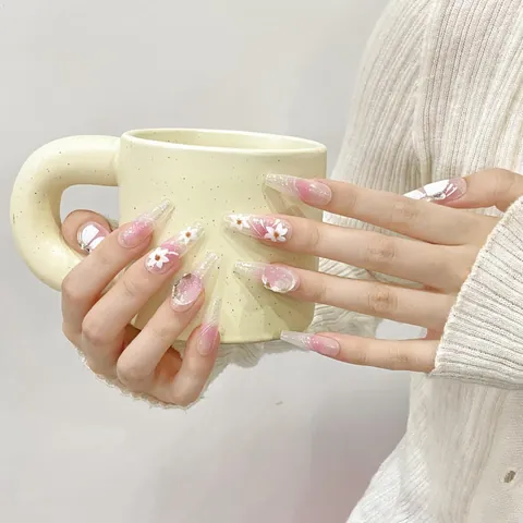 Handmade Spring Flower Coffin Press On Nails Pink Gradient Butterfly 3D Decorative Fake Nails For Women Jewelry