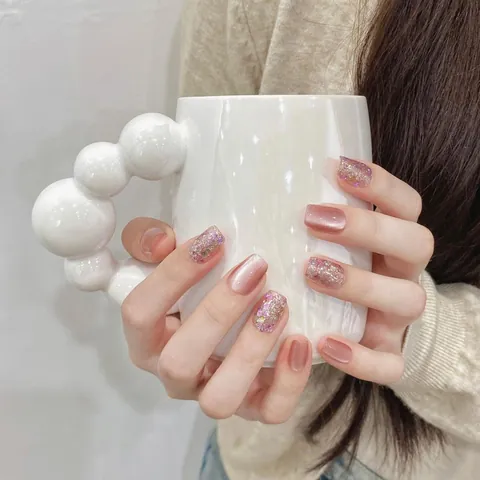 Handgefertigte Aufdrückbare Nägel Rosa Katzenauge Glitzer Schleife Trapez Künstliche Nägel Glänzend Damen Mode