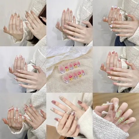 Handmade Press On Nails Pink Gradient 3D Flower Butterfly Rhinestone Fake Nails Reusable Long Coffin Almond Manicure For Women