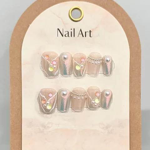 Handmade Press On Nails Short Coffin Nude Pink Aurora Shimmer With Pearls Rhinestones For Women Daily Party Elegant Manicure
