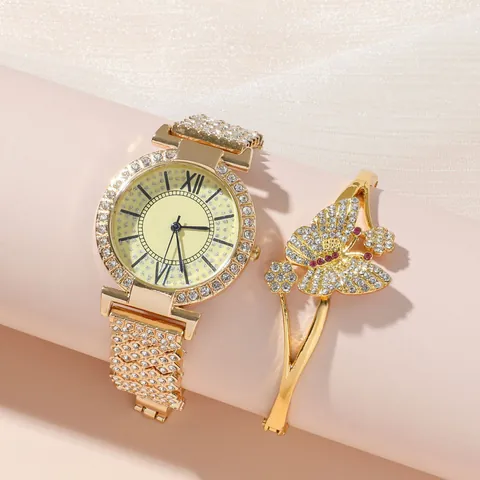 Lussuoso Orologio d'Oro con Strass e Set di Bracciali a Farfalla per Donna Orologio al Quarzo con Numeri Romani Regalo
