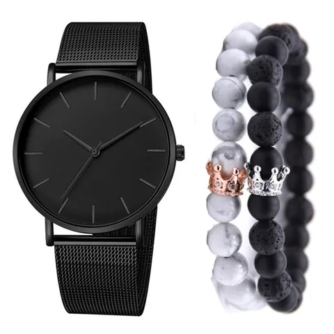 Combinazione Orologio al Quarzo e Bracciale con Perline da Uomo Cinturino in Maglia di Lega Quadrante Rotondo Orologio Casual