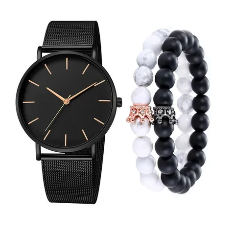 Combinazione Orologio al Quarzo e Bracciale con Perline da Uomo Cinturino in Maglia di Lega Quadrante Rotondo Orologio Casual