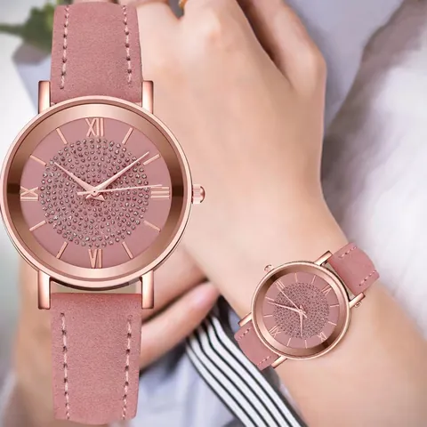 Damen Mode Quarzuhr Römische Zahlen Sternenhimmel Strass Zifferblatt Elegante Damen Armbanduhr Mit Kunstlederarmband