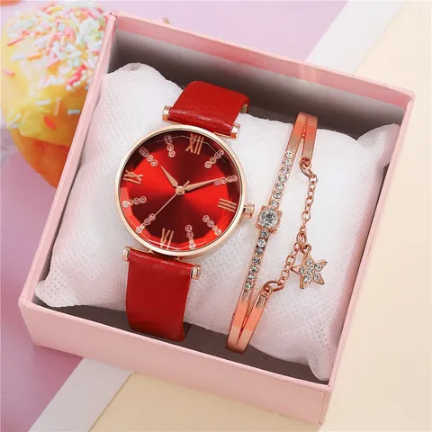 Women Fashion Quartz Watch And Star Bracelet Gift Box Set Rhinestone Roman Numeral Dial Faux Leather Strap Casual Wristwatch Gift For Ladies