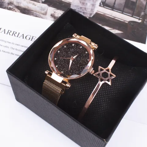 Women Fashion Starry Sky Watch Bracelet And Box Gift Set With Alloy Magnetic Mesh Band Rhinestone Analog Quartz Watch