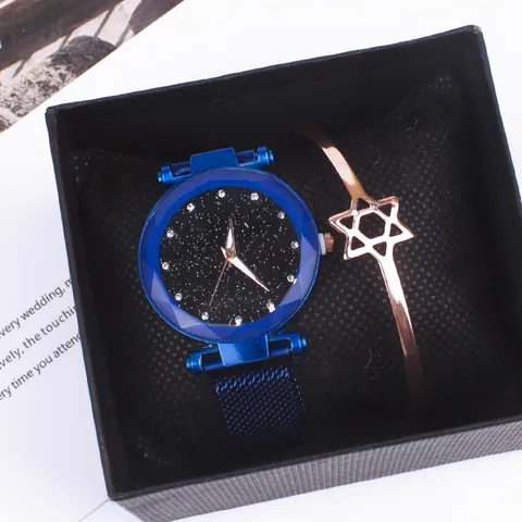 Women Fashion Starry Sky Watch Bracelet And Box Gift Set With Alloy Magnetic Mesh Band Rhinestone Analog Quartz Watch