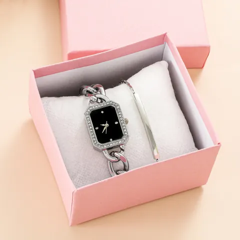 Women Fashion Quartz Watch And Bracelet Set Silver Alloy Rhinestone Square Dial Ladies Wristwatch Jewelry Gift For Office
