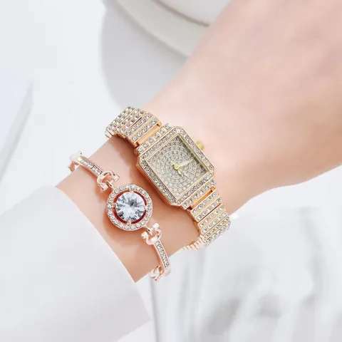 Women's Luxury Square Quartz Watch Set Alloy Full Rhinestone Fashion Jewelry Watch And Bracelet Set Shiny Elegant Ladylike Wristwatch Gold Silver Rose Gold Gift For Ladies