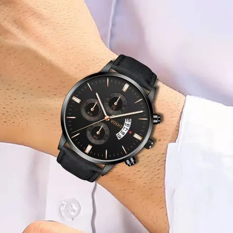 VOSHT Men Business Quartz Watch Fashion Multi Functional Chronograph Date Display Faux Leather Strap Round Dial Alloy Case Wristwatch Gift