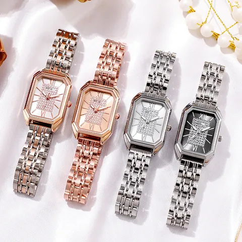 Orologio al Quarzo da Donna Cassa Ottagonale Rettangolare Quadrante Cielo Stellato con Strass Numeri Romani Cinturino in Metallo Elegante