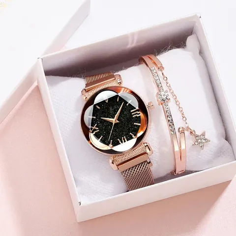 Set Orologio e Bracciale da Donna con Cielo Stellato Cinturino in Maglia Magnetica Oro Rosa Numeri Romani Orologio al Quarzo Regalo Gioielli
