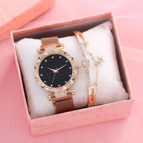 Women Fashion Quartz Watch Starry Sky Dial Rhinestone Inlaid Magnetic Milanese Band With Bracelet Jewelry Elegant Gift