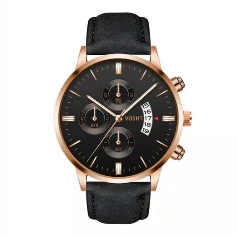 VOSHT Men Business Quartz Watch Fashion Multi Functional Chronograph Date Display Faux Leather Strap Round Dial Alloy Case Wristwatch Gift