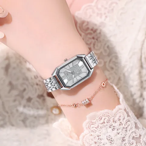 Orologio al Quarzo da Donna Cassa Ottagonale Rettangolare Quadrante Cielo Stellato con Strass Numeri Romani Cinturino in Metallo Elegante
