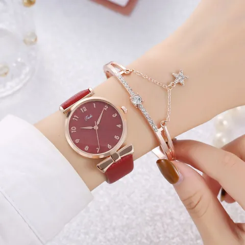 Women Fashion Quartz Watch Set With Star Bracelet Elegant Bowknot PU Leather Strap Rose Gold Alloy Wristwatch Gift For Ladies