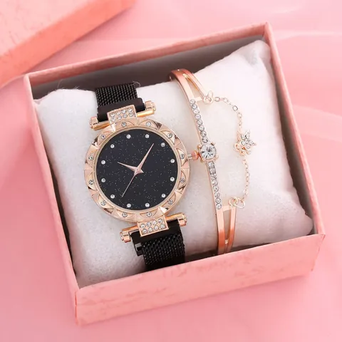 Women Fashion Quartz Watch Starry Sky Dial Rhinestone Inlaid Magnetic Milanese Band With Bracelet Jewelry Elegant Gift