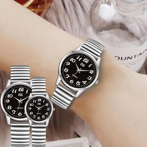 Casual Quartz Couple Watch With Elastic Stretch Band Alloy Case Large Arabic Numerals Dial Fashion Wristwatch For Men Women