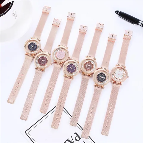 Luxury Women Quartz Watch Rose Gold Mesh Band Floating Rhinestone Starry Sky Dial Roman Numerals Elegant Ladies Wristwatch