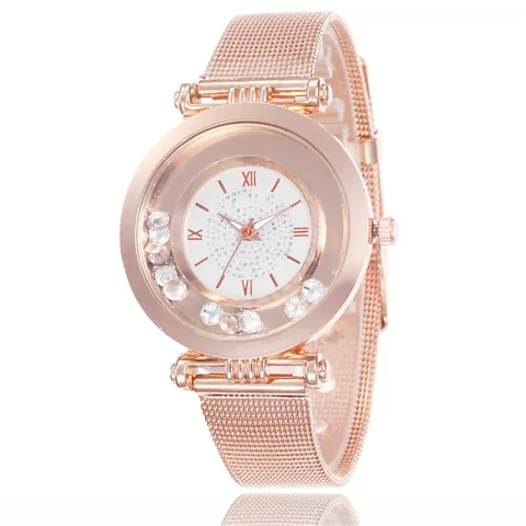 Luxury Women Quartz Watch Rose Gold Mesh Band Floating Rhinestone Starry Sky Dial Roman Numerals Elegant Ladies Wristwatch
