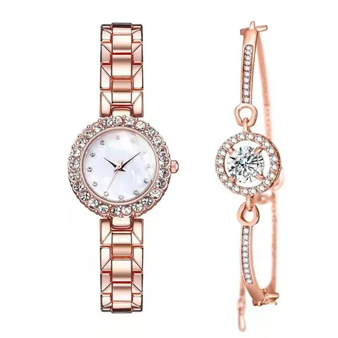Elegant Alloy Rhinestone Women Quartz Watch And Bracelet Set Rose Gold Silver Luxury Wristwatch With Mother Of Pearl Dial