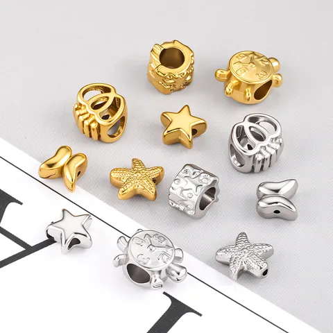 Edelstahl Zwischenperlen Mit Großem Loch Für DIY Schmuckherstellung 18K Vergoldet Silber Herz Stern Schildkröte Schmetterling Seestern