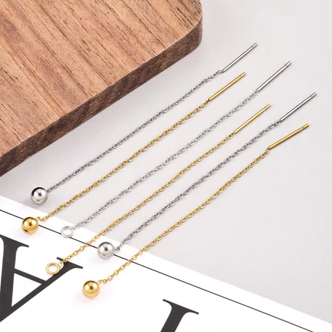 Stainless Steel Ear Thread Earring Findings Vacuum 18K Gold Plated Fine Chain Tassel Round Ball DIY Jewelry Making Material For Women