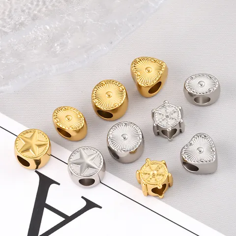 Stainless Steel Large Hole Spacer Beads For DIY Jewelry Making Vintage Heart Star Round Oval Textured Gold Silver Charms
