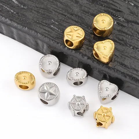 Stainless Steel Large Hole Spacer Beads For DIY Jewelry Making Vintage Heart Star Round Oval Textured Gold Silver Charms