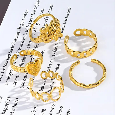Minimalist Stainless Steel Open Ring For Women 18K Gold Silver Plated Heart Leaf Bamboo Link Pattern Adjustable Ring Jewelry