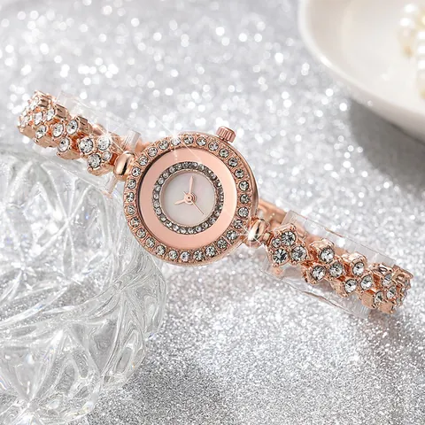 Set Orologio al Quarzo con Strass da Donna alla Moda Con Bracciale Collana Anello Orecchini Oro Rosa Argento Lega Orologio da Polso Set Regalo Gioielli