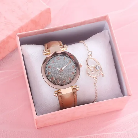 Women Fashion Quartz Watch Heart Bracelet Gift Set Starry Glitter Dial Luminous Hands Faux Leather Strap Elegant Ladies Timepiece