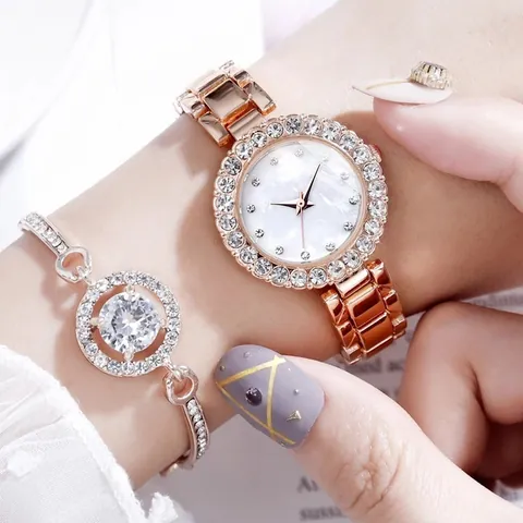 Elegant Alloy Rhinestone Women Quartz Watch And Bracelet Set Rose Gold Silver Luxury Wristwatch With Mother Of Pearl Dial