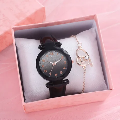 Women Fashion Quartz Watch Heart Bracelet Gift Set Starry Glitter Dial Luminous Hands Faux Leather Strap Elegant Ladies Timepiece