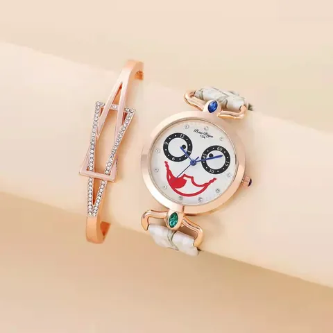 Women Fashion Quartz Watch And Bracelet Set Cartoon Clown Smiley Face Rhinestone Embellished Faux Leather Strap Casual Jewelry For Girls