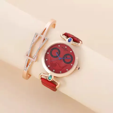 Women Fashion Quartz Watch And Bracelet Set Cartoon Clown Smiley Face Rhinestone Embellished Faux Leather Strap Casual Jewelry For Girls