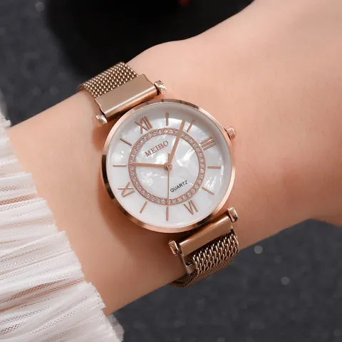 Women Luxury Fashion Quartz Watch Rhinestone Roman Numerals Milanese Mesh Metal Strap Elegant Ladies Analog Wristwatch Gift