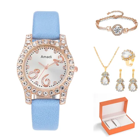 Women Fashion Quartz Watch Necklace Bracelet Ring Earrings Alloy Rhinestone Jewelry Combo With Gift Box For Ladies