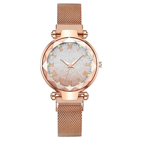 Women Fashion Quartz Watch Starry Sky Gradient Dial Milanese Magnetic Strap Roman Numerals Diamond Cut Glass Analog Wristwatch