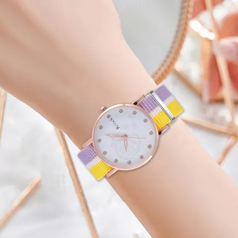 Women Fashion Quartz Watch Rose Gold Case Rose Floral Dial Rhinestone Markers Rainbow Striped Canvas Strap Wristwatch