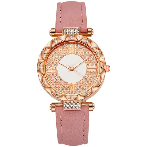 Women's Fashion Quartz Watch Rhinestone Scalloped Bezel Starry Sky Roman Numeral Dial Leather Strap Casual Wristwatch Gift