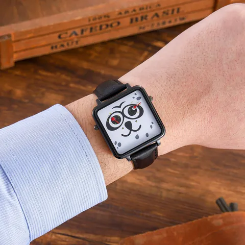 Fashion Square Quartz Watch For Men Casual Faux Leather Strap Cartoon Owl Panda Dial Creative Art Wrist Watch Decorative Alloy Timepiece