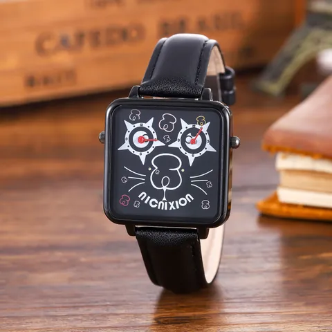 Fashion Square Quartz Watch For Men Casual Faux Leather Strap Cartoon Owl Panda Dial Creative Art Wrist Watch Decorative Alloy Timepiece