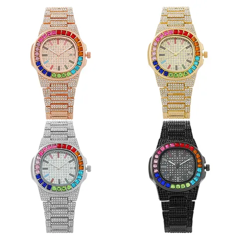 Luxury Women Full Rhinestone Quartz Watch Rainbow Bezel Octagonal Case Stainless Steel Strap Calendar Fashion Dress Wristwatch